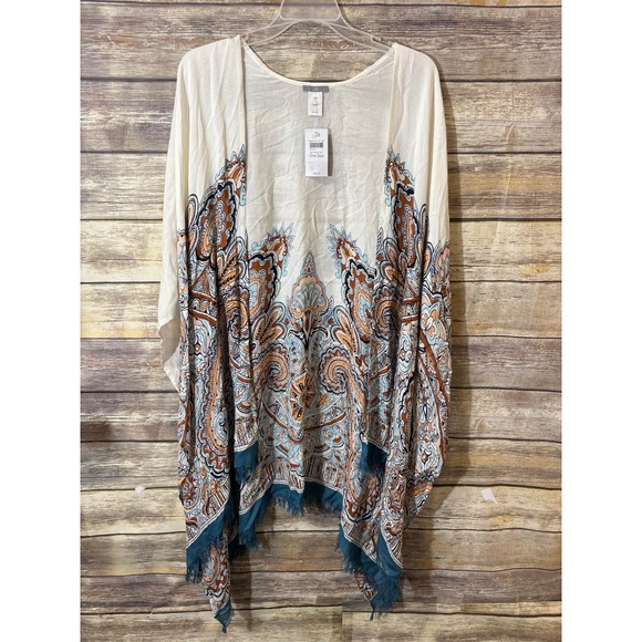 J Jill Neutral Print One Size Modal Rayon Kimono Cardigan Cover Up Fringe Scarf - Picture 2 of 4